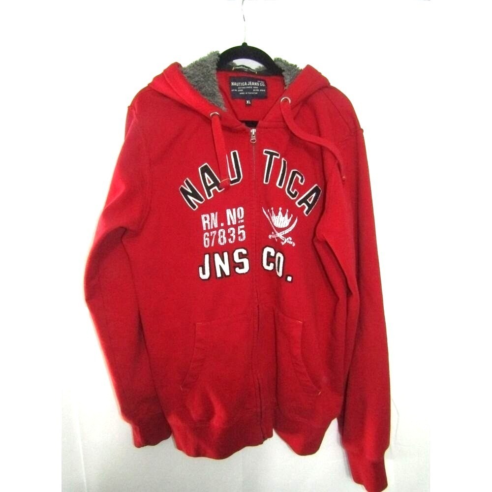 Nautica Jeans Co. Red Full Zip Hoodie XL Sherpa Lined Graphic Sweatshirt